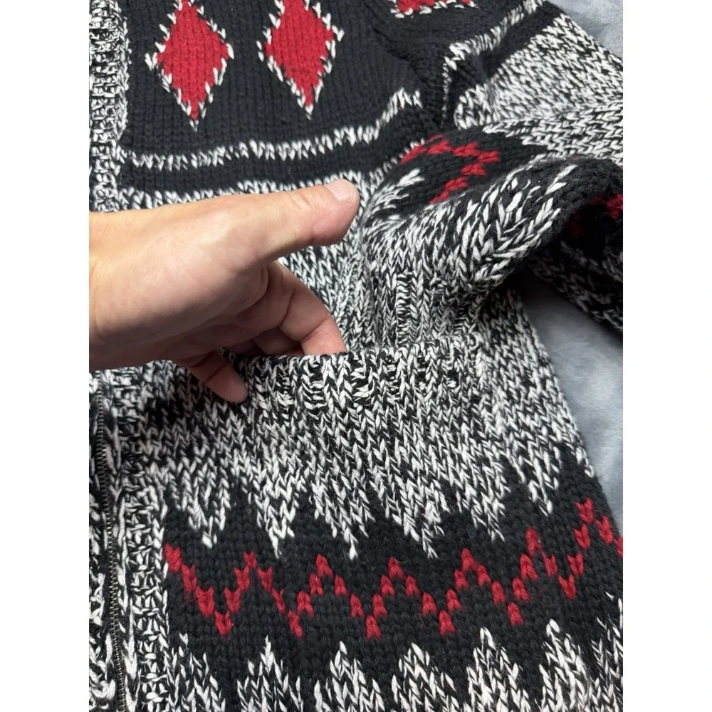 American Eagle Full Zip Cardigan Mens Large Black Red Fair Isle Shawl Sweater